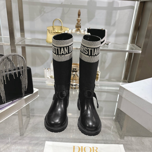 CD D-Major Boot Black Mix White Calfskin And Denim Fabric