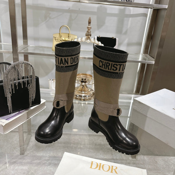 CD D-Major Boot Taupe Mix Black Calfskin And Denim Fabric