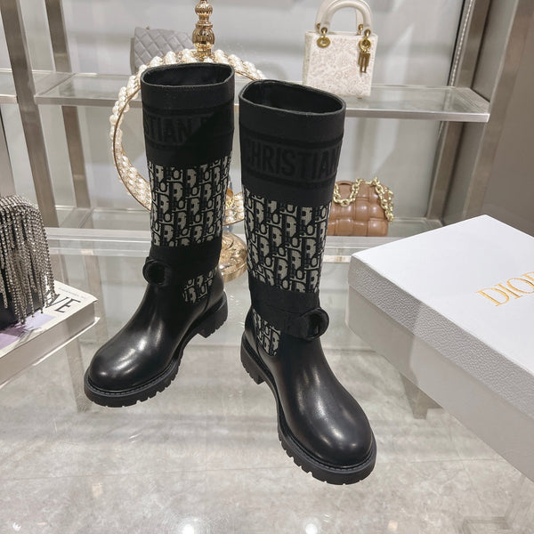 CD D-Major Boot Black Mix White Calfskin And Oblique Jacquard Fabric