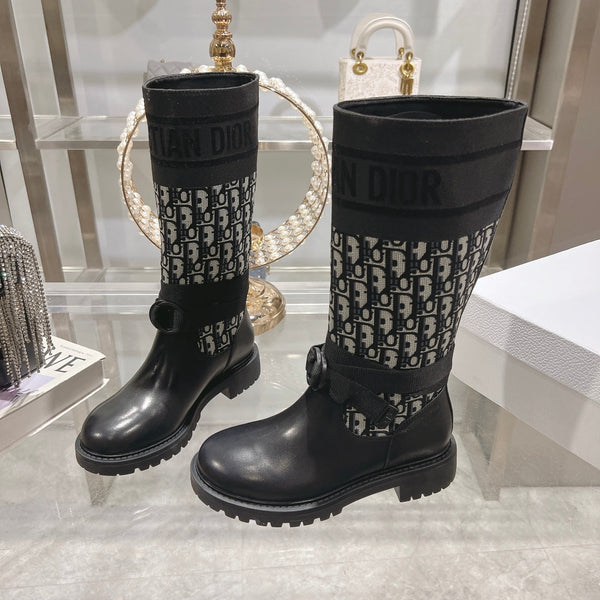 CD D-Major Boot Black Mix White Calfskin And Oblique Jacquard Fabric