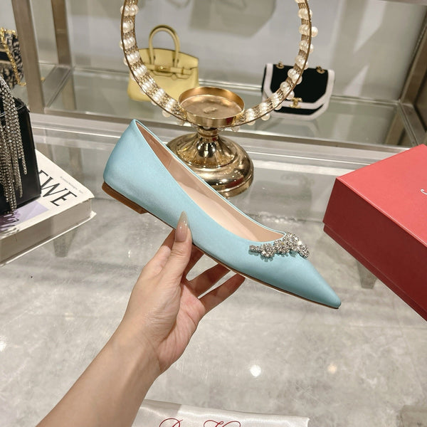 Viv 25 Crystal Diamond Buckle Flats Blue Silk Satin 235394