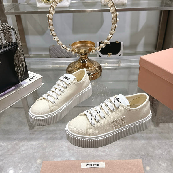 Miu Sneaker with Logo Ivory Demin Fabric 235310