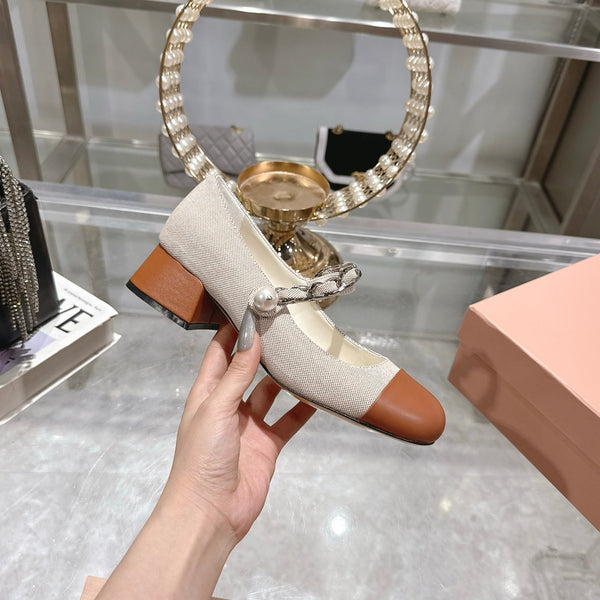 Miu 25C Mary Jane 45MM Beige Cream Mix Brown Fabric 235365