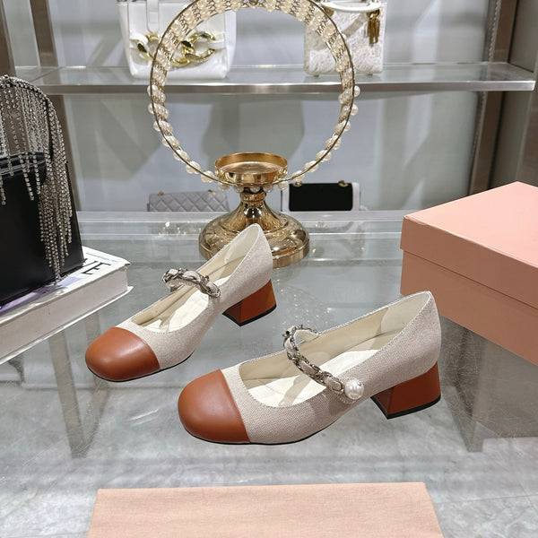 Miu 25C Mary Jane 45MM Beige Cream Mix Brown Fabric 235365