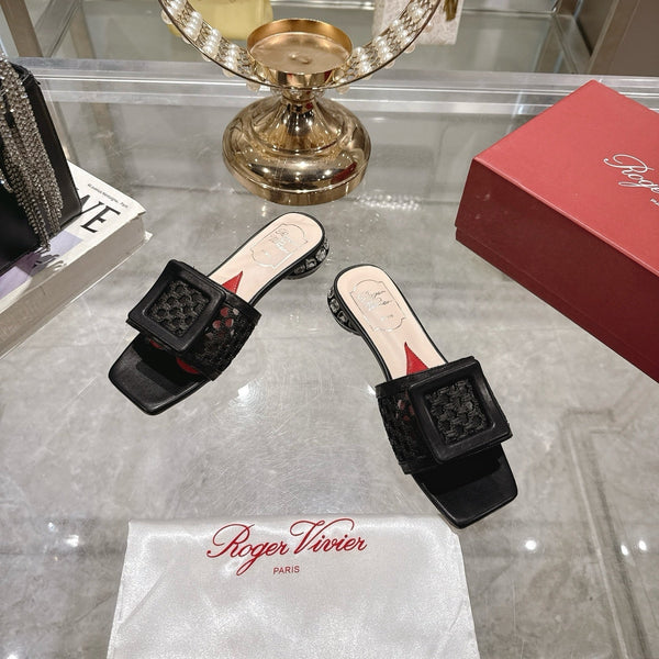 Viv 25 Hollow Square Buckle Slippers Black Weaving Leather 262999