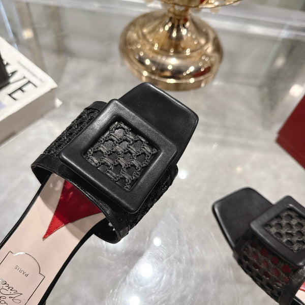 Viv 25 Hollow Square Buckle Slippers Black Weaving Leather 262999