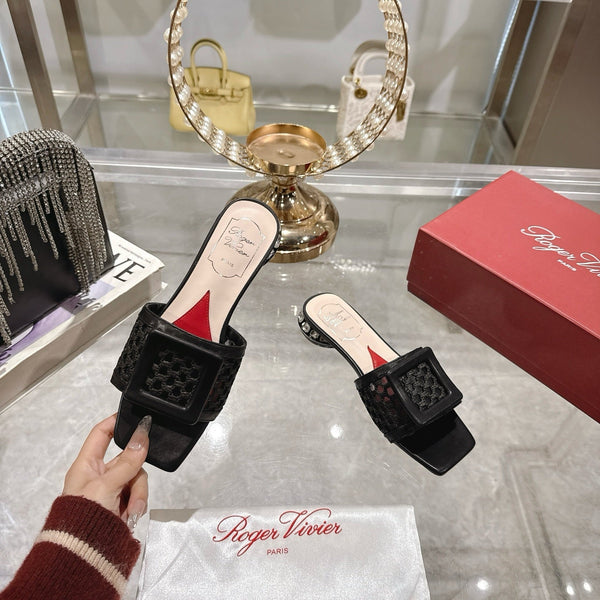 Viv 25 Hollow Square Buckle Slippers Black Weaving Leather 262999