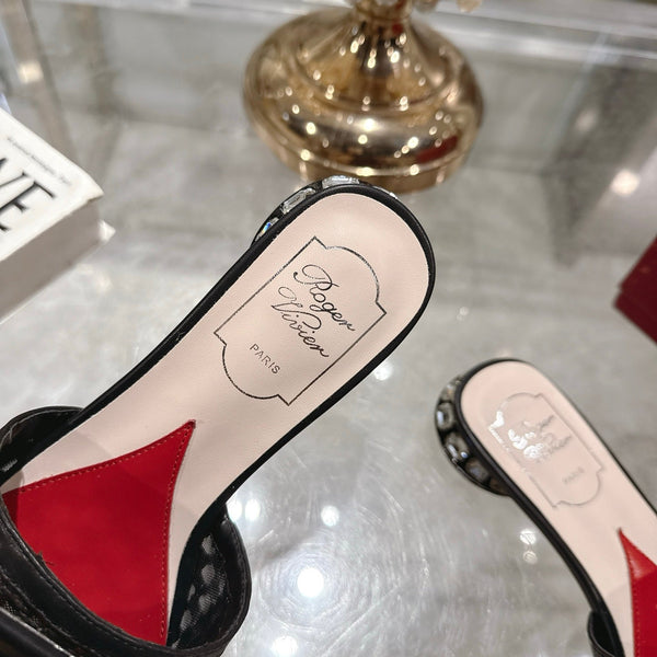 Viv 25 Hollow Square Buckle Slippers Black Weaving Leather 262999