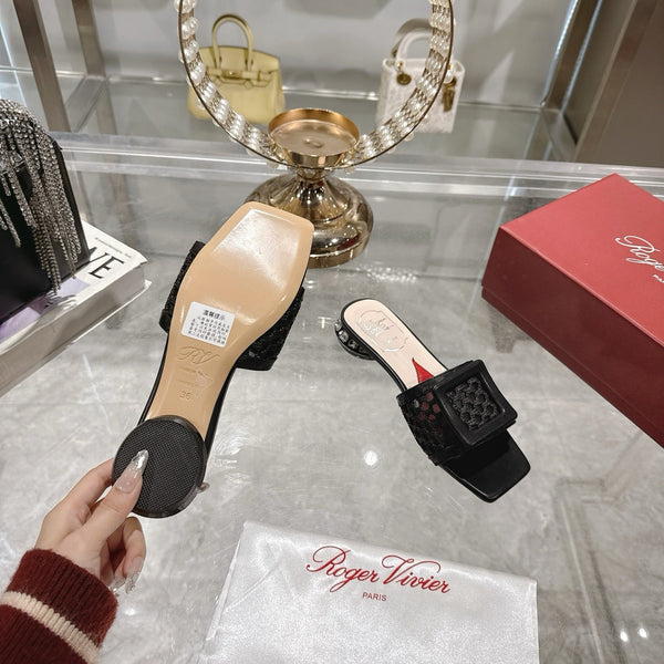 Viv 25 Hollow Square Buckle Slippers Black Weaving Leather 262999