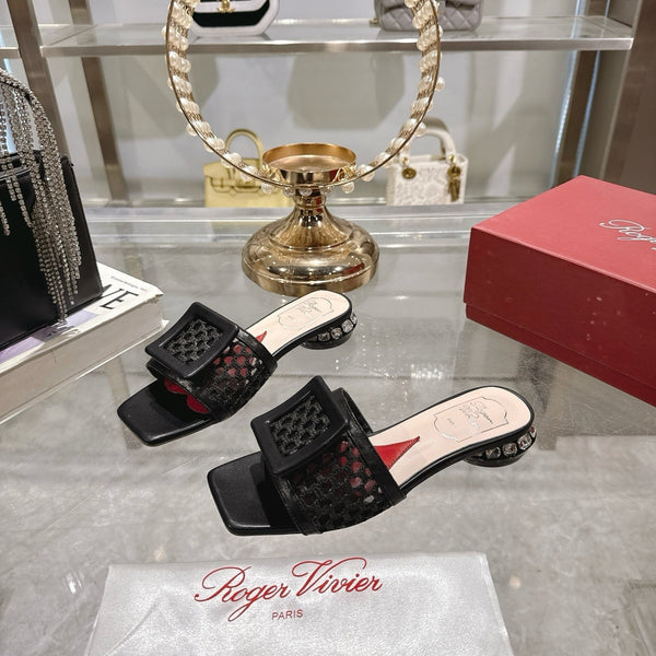 Viv 25 Hollow Square Buckle Slippers Black Weaving Leather 262999