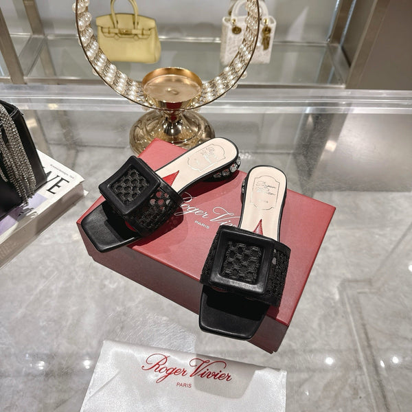 Viv 25 Hollow Square Buckle Slippers Black Weaving Leather 262999