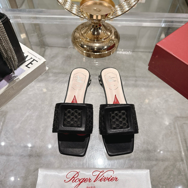 Viv 25 Hollow Square Buckle Slippers Black Weaving Leather 262999