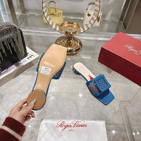 Viv 25 Hollow Square Buckle Slippers Blue Weaving Leather 263000