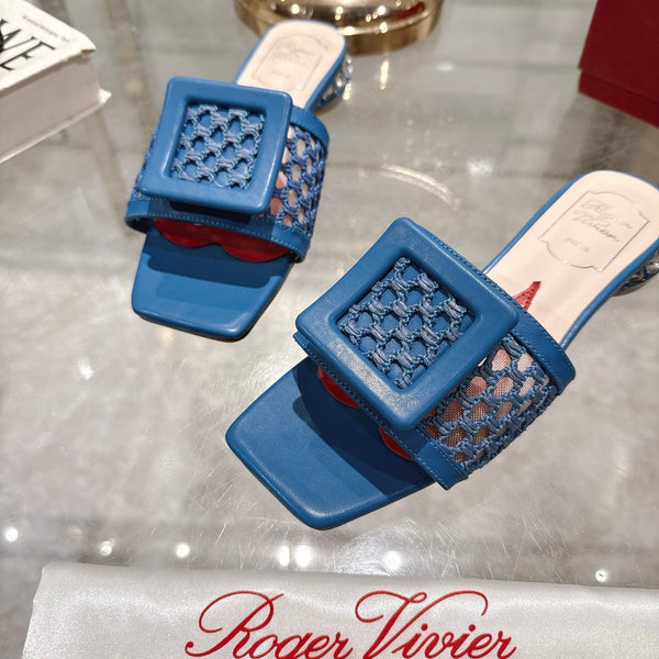 Viv 25 Hollow Square Buckle Slippers Blue Weaving Leather 263000