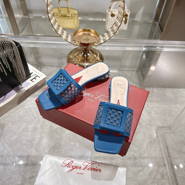 Viv 25 Hollow Square Buckle Slippers Blue Weaving Leather 263000