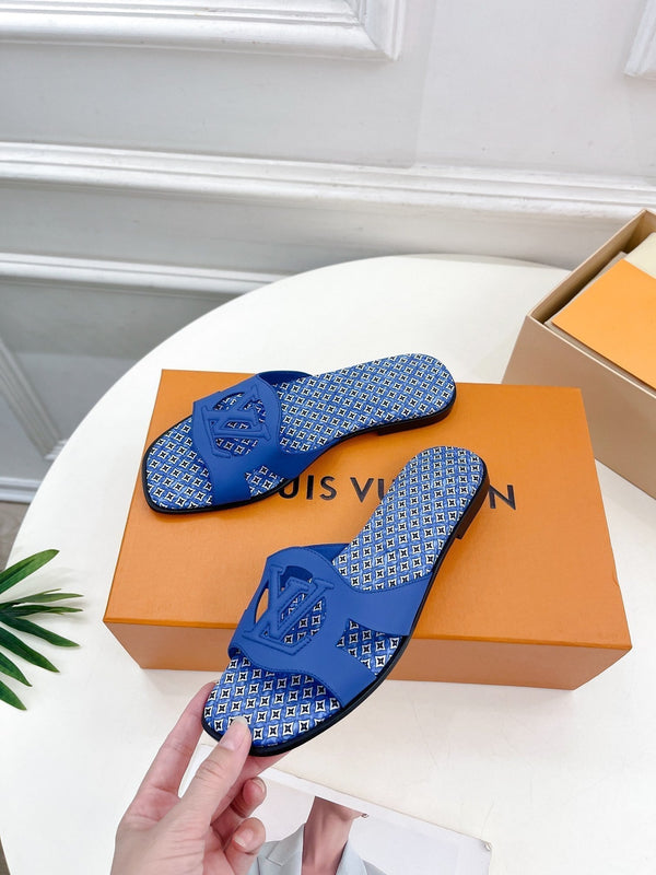 lv sandal isola flat mule blue calfskin star monogram