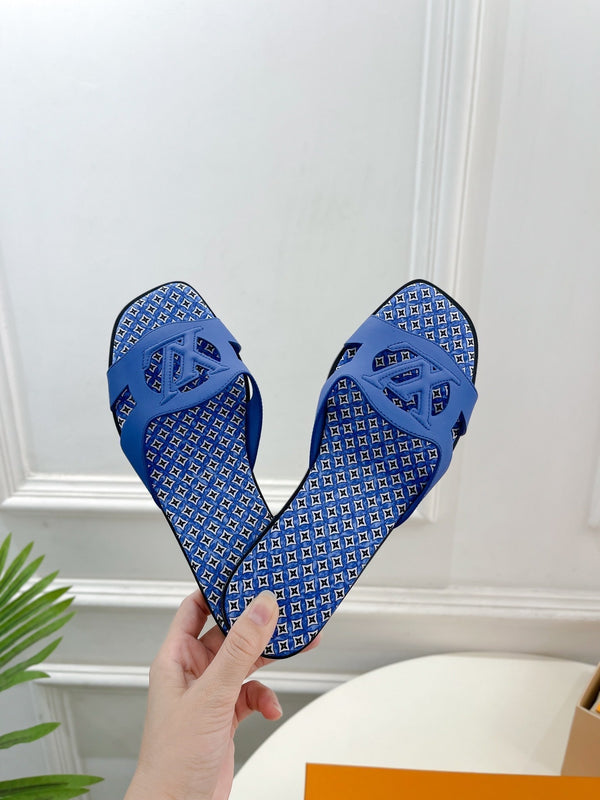 lv sandal isola flat mule blue calfskin star monogram