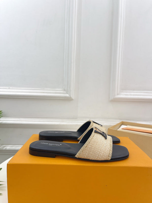 lv capri flat mule beige raffia black calfskin