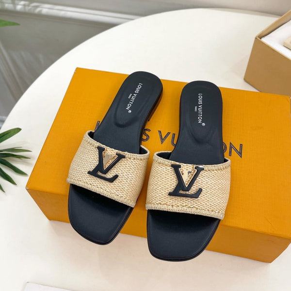 lv capri flat mule beige raffia black calfskin