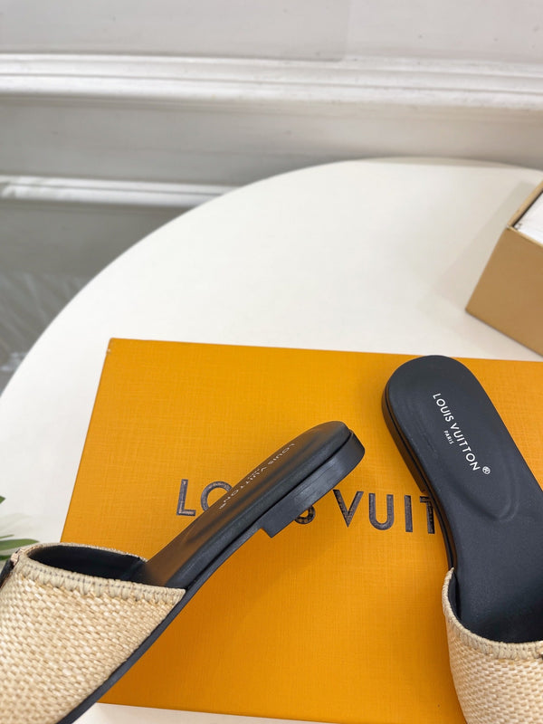 lv capri flat mule beige raffia black calfskin