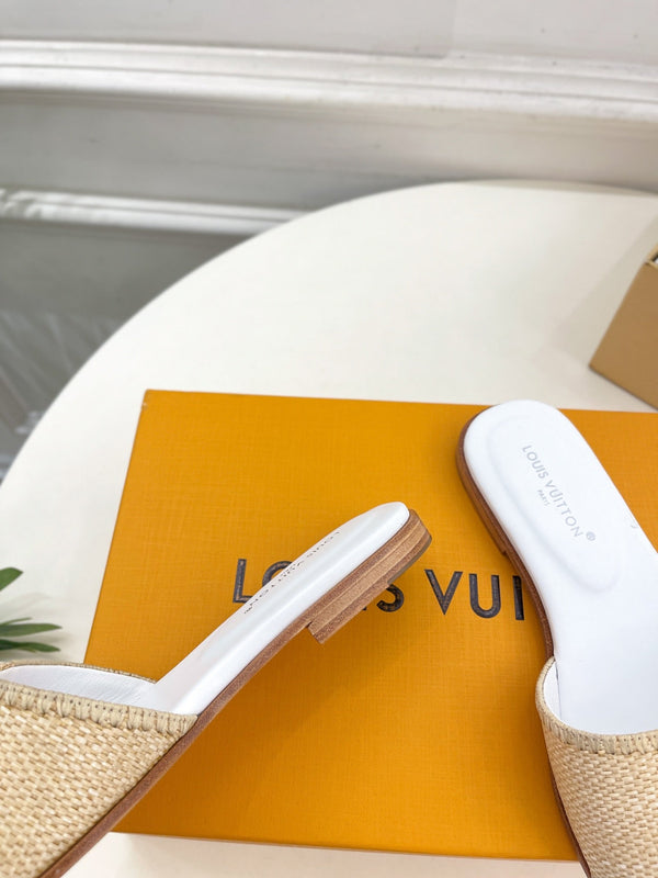 lv capri flat mule beige raffia white calfskin
