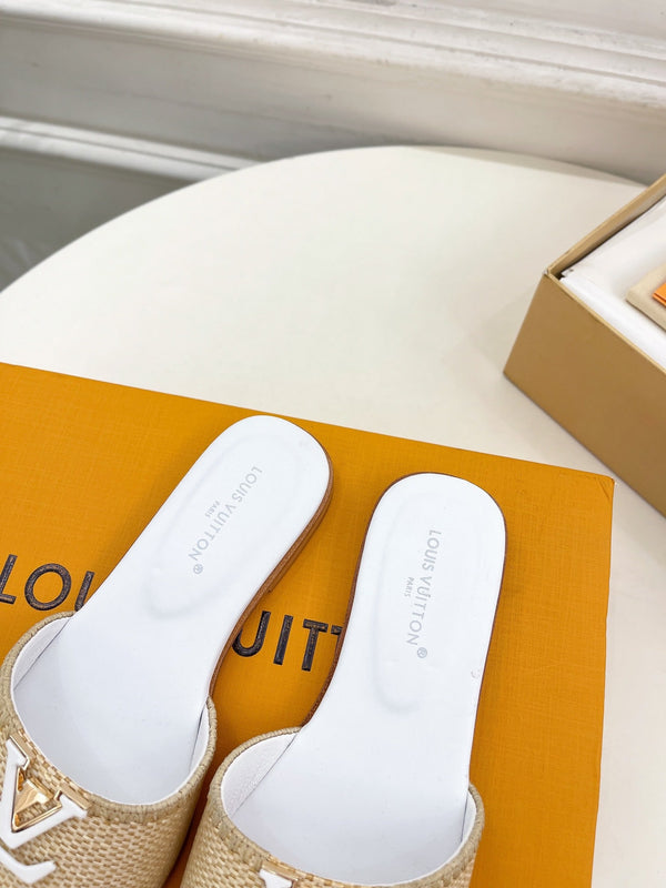 lv capri flat mule beige raffia white calfskin