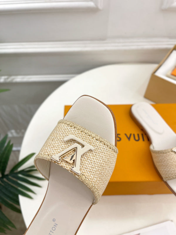 lv capri flat mule beige raffia cream calfskin