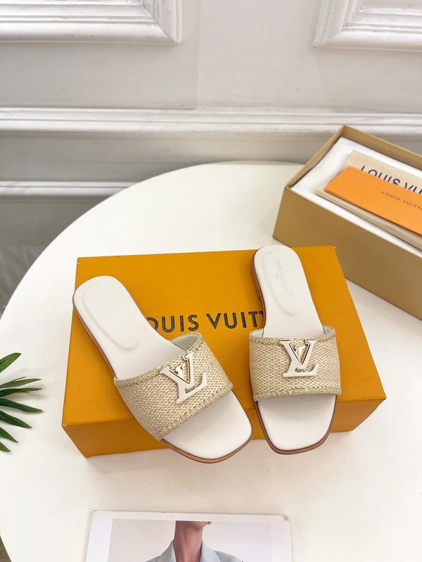 lv capri flat mule beige raffia cream calfskin