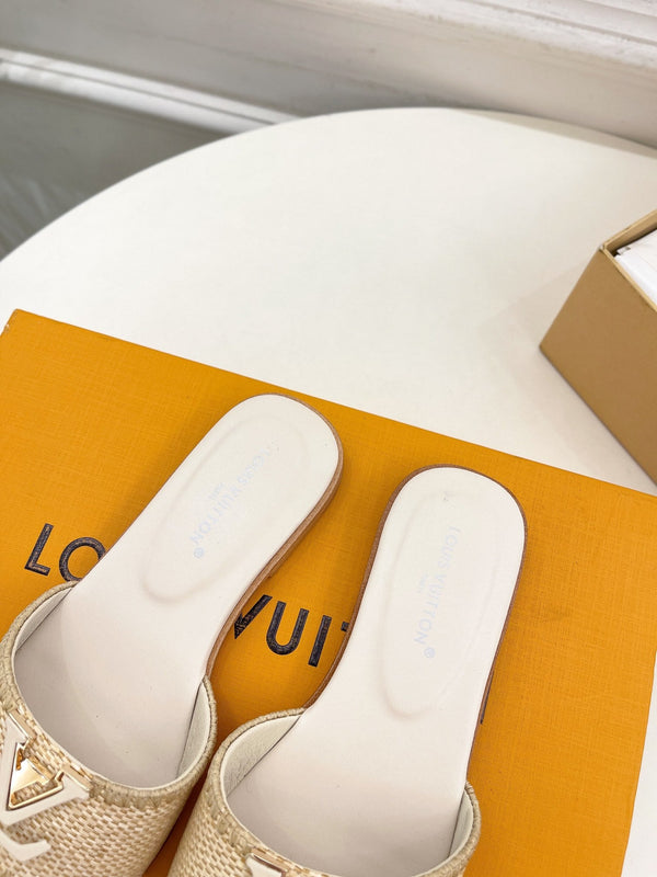 lv capri flat mule beige raffia cream calfskin