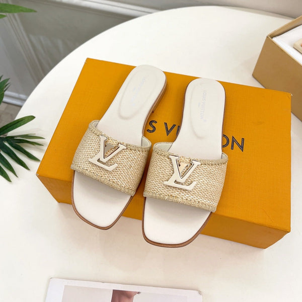 lv capri flat mule beige raffia cream calfskin