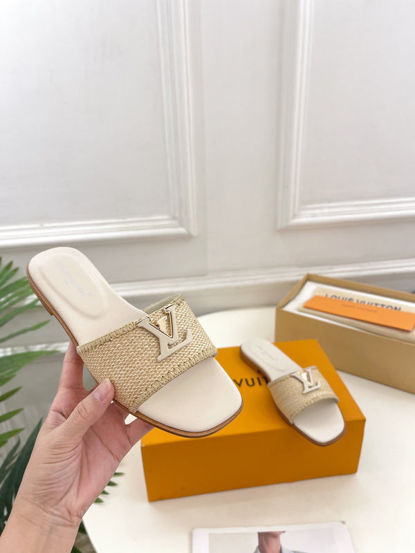 lv capri flat mule beige raffia cream calfskin