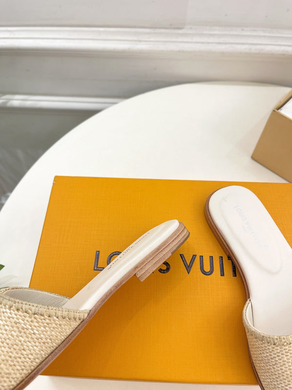 lv capri flat mule beige raffia cream calfskin
