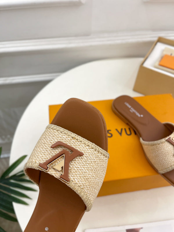 lv capri flat mule beige raffia dark brown calfskin