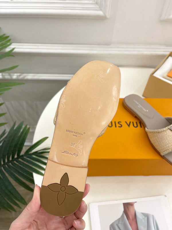 lv capri flat mule beige raffia grey calfskin
