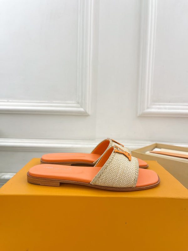 lv capri flat mule beige raffia orange calfskin