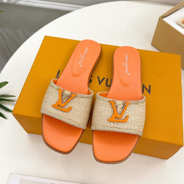 lv capri flat mule beige raffia orange calfskin