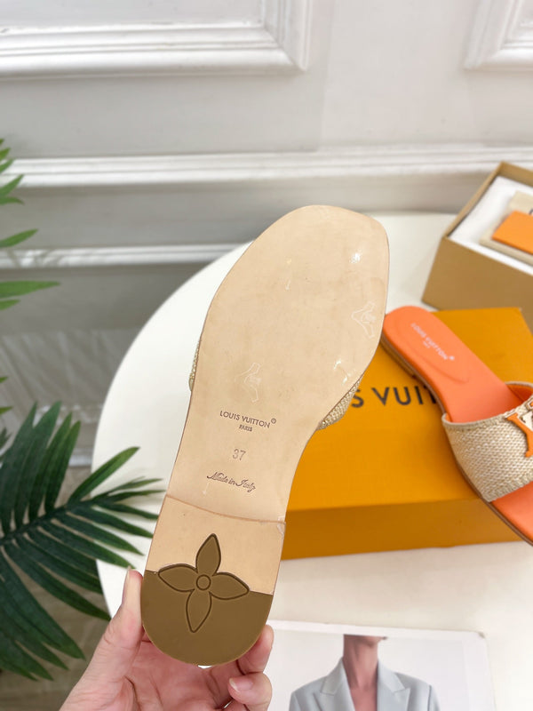 lv capri flat mule beige raffia orange calfskin