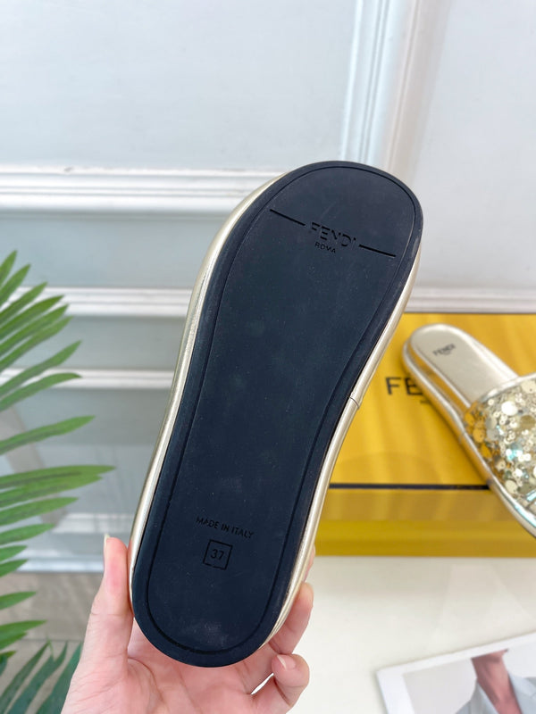 FENDI THICK SOLE 3 CM SEQUIN SLIPPER GOLDEN