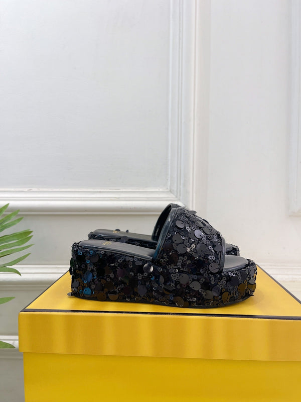 FENDI THICK SOLE 6 CM SEQUIN SLIPPER BLACK