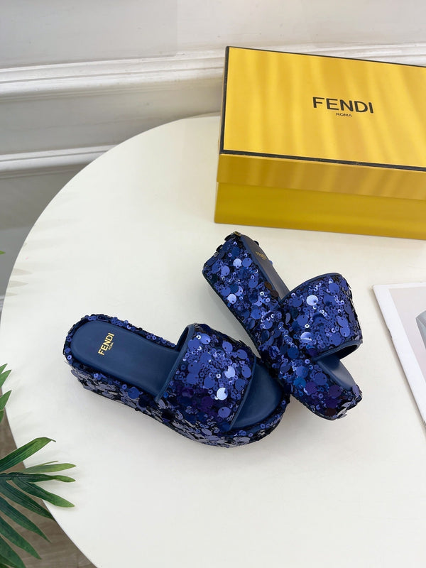 FENDI THICK SOLE 6 CM SEQUIN SLIPPER NAVY BLUE