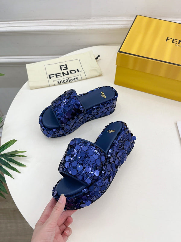 FENDI THICK SOLE 6 CM SEQUIN SLIPPER NAVY BLUE