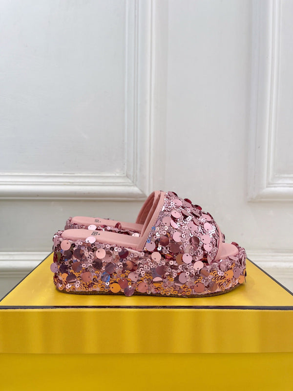 FENDI THICK SOLE 6 CM SEQUIN SLIPPER ROUGH PINK