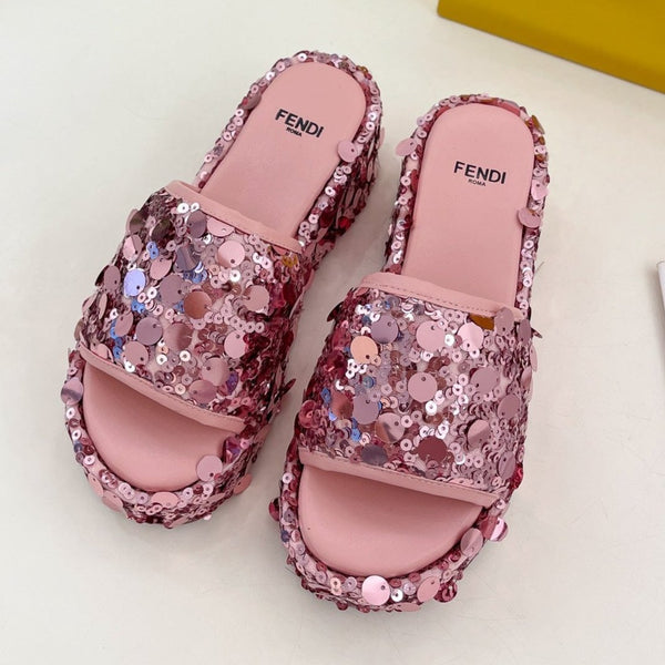 FENDI THICK SOLE 6 CM SEQUIN SLIPPER ROUGH PINK