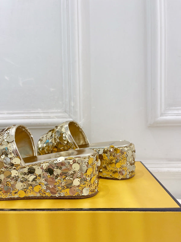 FENDI THICK SOLE 6 CM SEQUIN SLIPPER GOLD