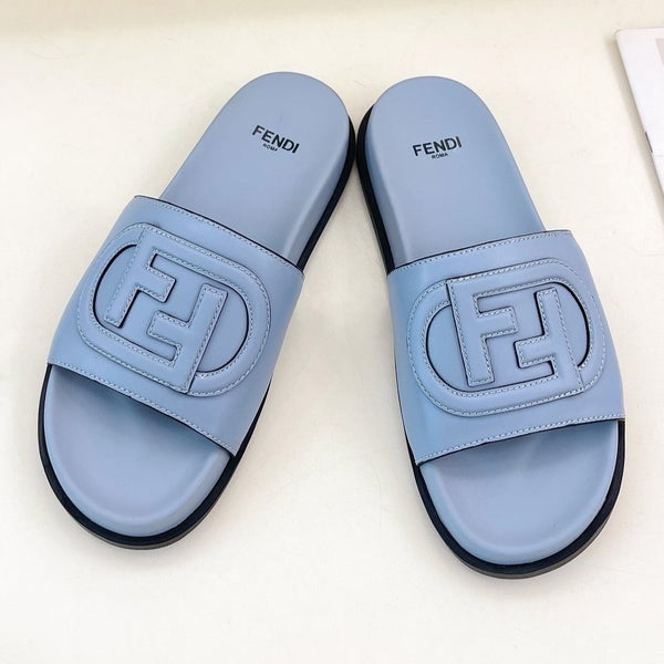 FENDI LOGO SLIDES IN BLUE POWDER CALFSKIN