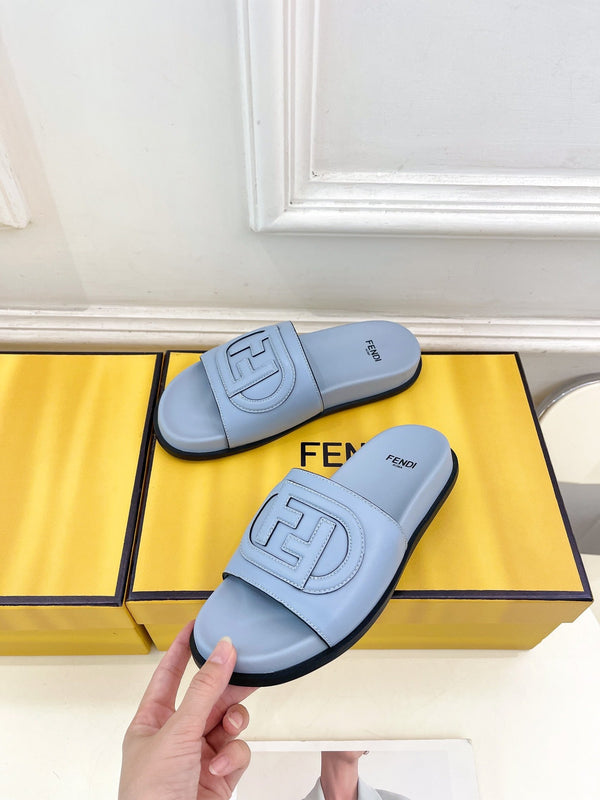 FENDI LOGO SLIDES IN BLUE POWDER CALFSKIN