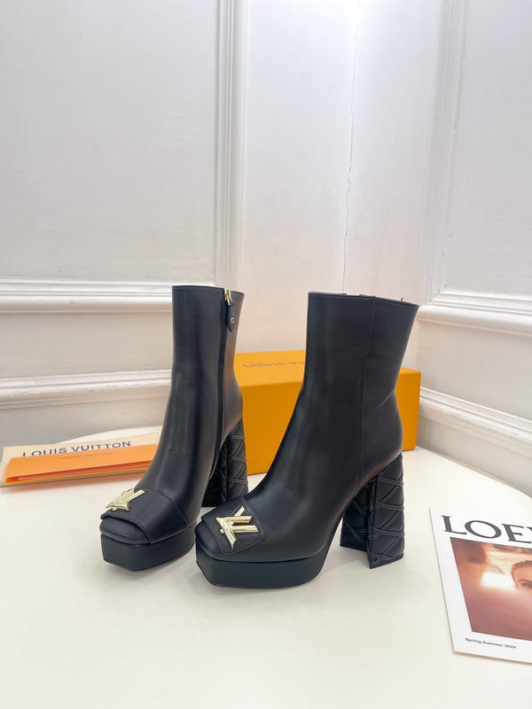 LV Shake Platform Ankle Boot 120mm Plain Black Calfskin