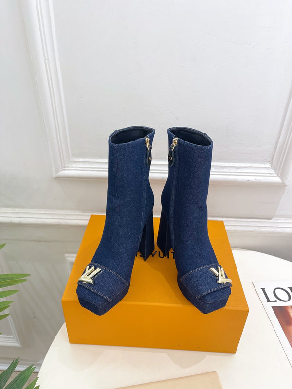 Stivaletto alla caviglia LV Shake Platform 120mm in tessuto denim blu scuro