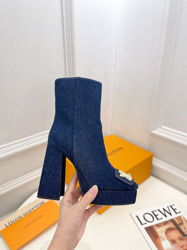 Stivaletto alla caviglia LV Shake Platform 120mm in tessuto denim blu scuro