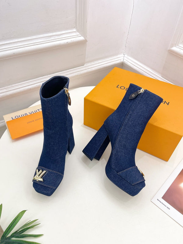 Stivaletto alla caviglia LV Shake Platform 120mm in tessuto denim blu scuro